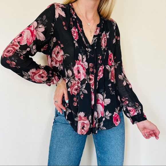 Joie floral silk blouse v-neck long sleeve boho pleated front button down shirt - Picture 2 of 6